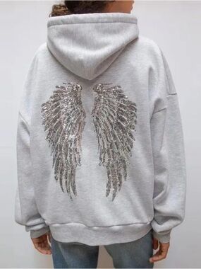 Sequin Sparkly Angel Wing Hoodie Sweater - Light Gray